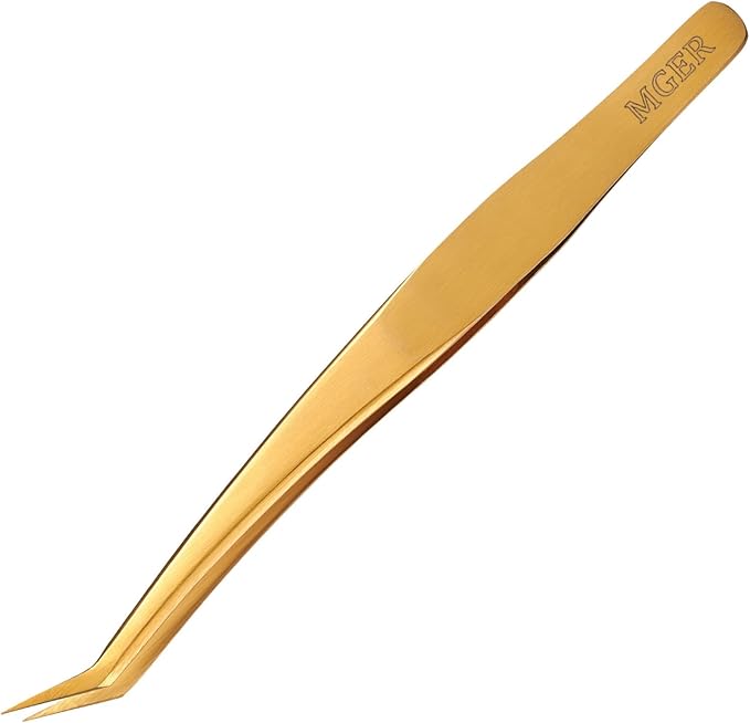MGER Lash Tweezers for Eyelash Extension-Professional Lashing Tweezers for Mega Volume Mink Eyelashes Extensions Applying, Gold tweezers