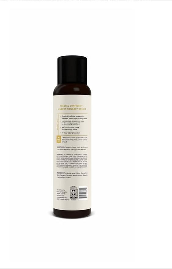 Cremo Italian Bergamot Body Spray, A Sophisticated Blend of Bergamot, Neroli Blossom, and Fresh Vetiver, 3.5 Fl Oz