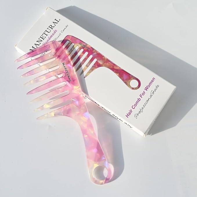 D1 | wide tooth comb 7.4"for easy portability. Suitable for Women's/girl curly, curly and tight hair, the short handle design is easy to carry. Acetate comb (Pink B)