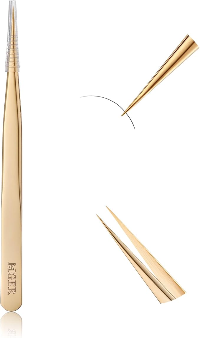 MGER Isolation Tweezers for Eyelash Extensions - Straight & Pointed Isolation Tweezers for Individual Lashes, Effortless Application with Precision Tweezers, Gold