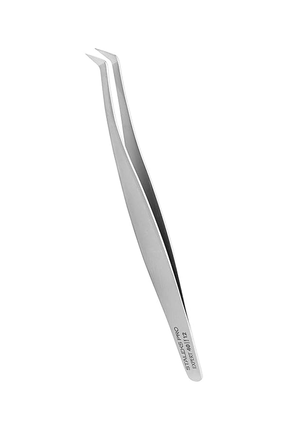 Staleks Pro Professional Eyelash Tweezers EXPERT 40 Type 12 – L-Shaped 65° Tip – Stainless Steel – For Volume Eyelash Extensions 2D–8D