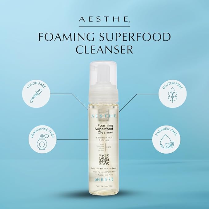 Aesthe Foaming Superfood Face Cleanser - Passionfruit & Ginger - Gentle Cleaning Formula for All Skin Types - Oily, Combination, Dry, Normal, Sensitive - Remove Makeup, Cleanse, Hydrate - 7 fl oz