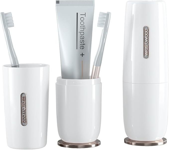 Luxury White Toothbrush Travel Case, Portable Travel Toothbrush & Toothpaste Holder Cover Organizer Container with Mouthwash Cup for School, Camping, Business Trip, Bathroom Storage