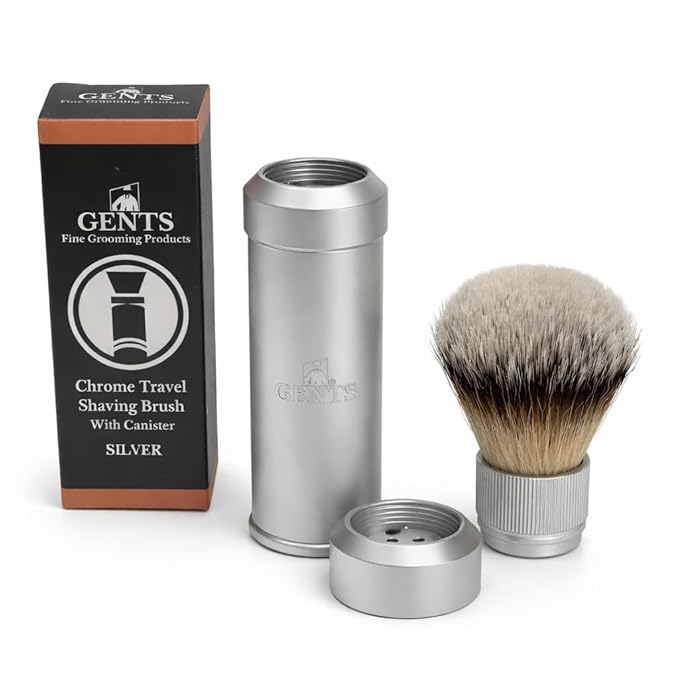 GENTS Travel Shaving Brush with Collapsible Canister – Synthetic Bristles, Compact Portable Wet Shaving Brush for Men, Chrome-Style Travel Grooming Brush for Home, Gym & Hotel Use (Silver, 6 Inches)