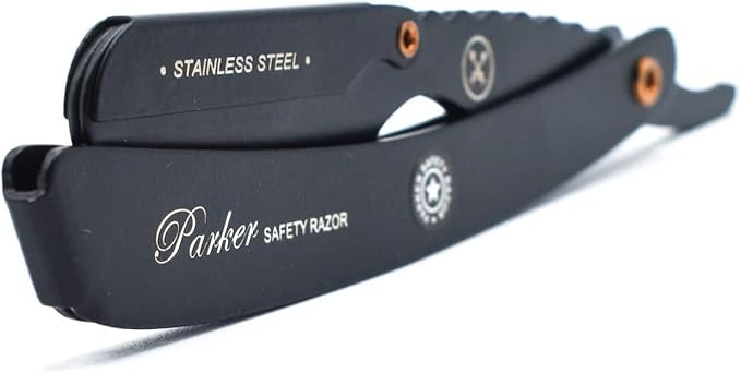 Parker SRXBLK Professional Stainless Steel Clip‑Style Barber Razor – Heavy‑Duty Black Finish with 5 Refill Blades, Ergonomic Weight for Barbers & Straight Razor Shaving Enthusiasts