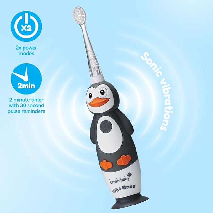 BrushBaby - WildOnes - Kids Rechargeable Electric Toothbrush, Ages 0-10 - Penguin Design with Flashing Lights - DeepClean Bristles for Superior Cleaning - 2 Replacement Brush Heads, 1 USB Cable