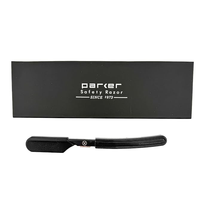 Parker Director Black Non-Folding Straight Barber Razor – Japanese-Style Razor with Stainless Steel Arm, Blade Protector Cap & Ergonomic Non-Slip Handle – Ideal for Professionals - 5 Blades Included