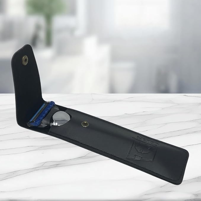 G.B.S Stylish Long Handle Textured Ergonomic Shaving Razor with Protective Leather Case for Travel, Chrome