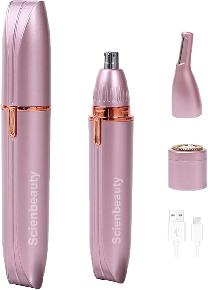 Scienbeauty Nose Ear Hair Trimmer Facial & Eyebrow Hair Remover for Women, 3 in 1 USB Rechargeable Painless Hair Removal Kit with 3 Replaceable Rinseable Grooming Heads