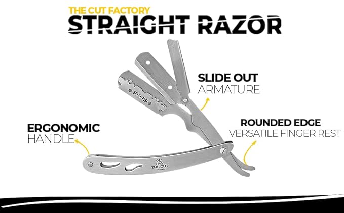 The Cut- Factory- Exquisite Line Straight Razors for Men with Ultra Sharp Single Edge Blades Premium Matte Silver Coated Barber Straight Razor with Leather Pouch and Gift Box