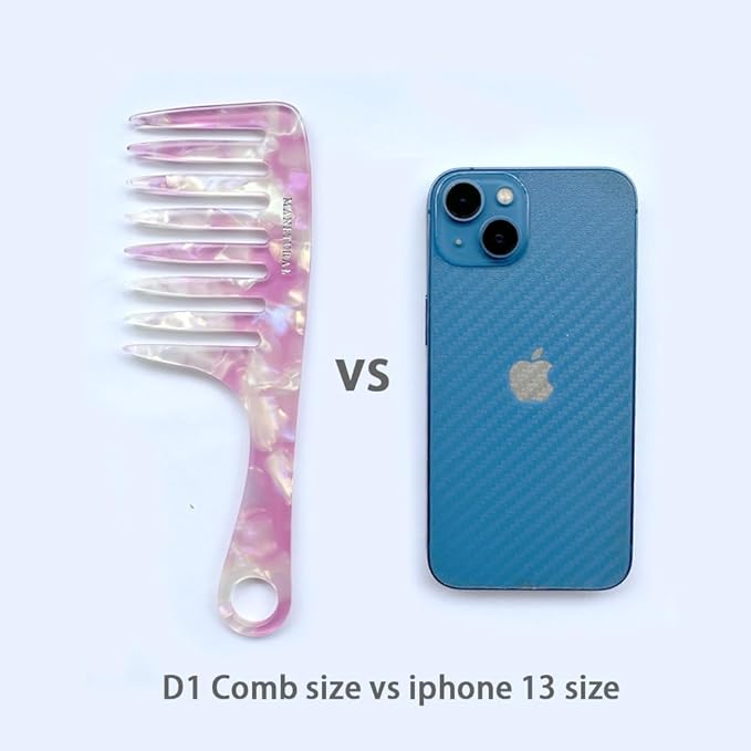 D1 | wide tooth comb 7.4"for easy portability. Suitable for Women's/girl curly, curly and tight hair, the short handle design is easy to carry. Acetate comb (Pink B)