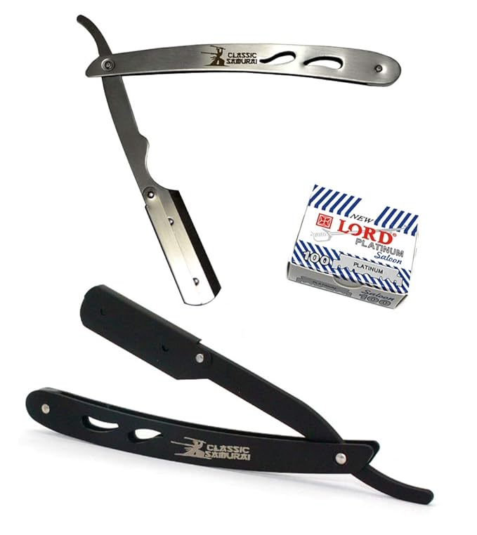 CS102 + CS Matte Black Professional Barber Straight Edge Shaving Razor 2 pcs for Men + 100 Lord Platinum single edge Razor Blades