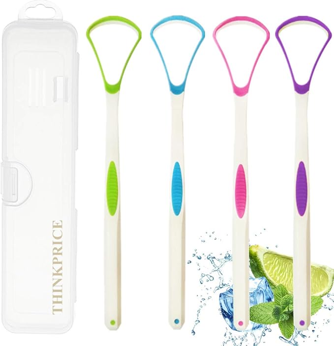 Tongue Scraper Cleaner 100% BPA Free Tongue Scrapers with Travel Handy Case for Adults, Kids, Healthy Oral Care, Easy to Use, Help Fight Bad Breath (4 PACK)