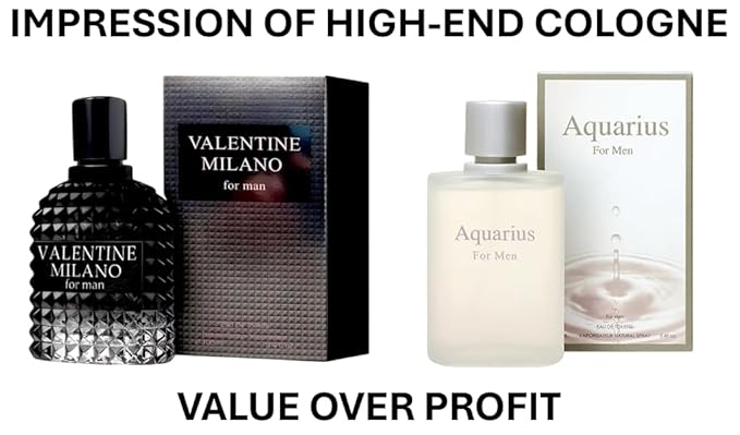 VALENTINE MILANO and (AQUARES Cologne for Men Combo Pack Eau de Toilette Fragrance 3.4oz/100ml, Natural Spray, Long Lasting (Pack of 2))