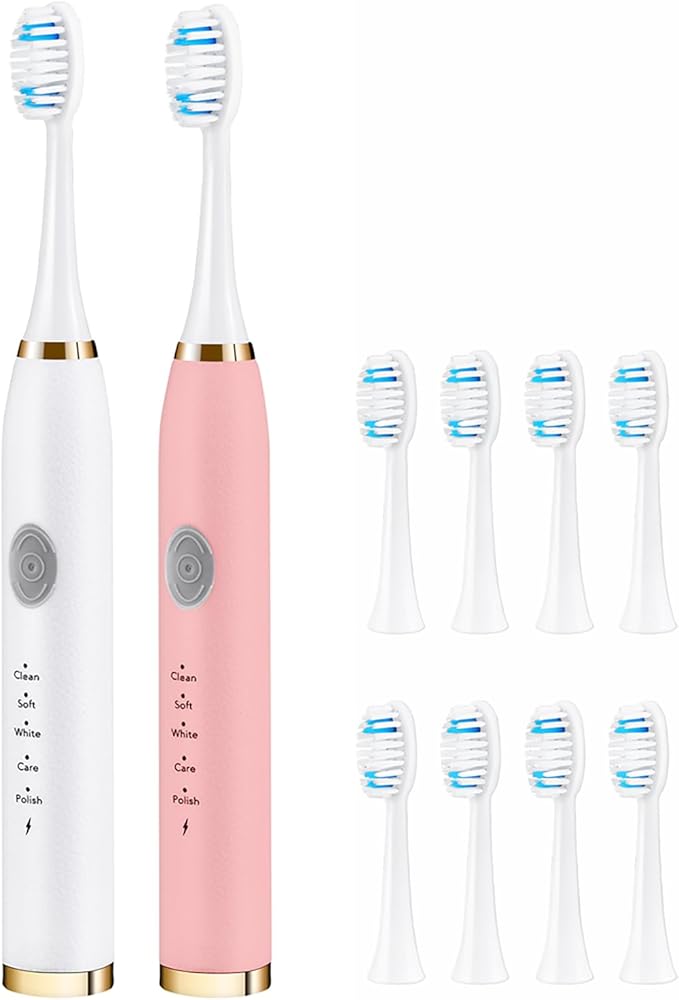 2 Pack Electric Toothbrush for Adults, Travel Electric Toothbrush Includes 10 Replacement Brush Heads, 5 Modes, 2 Hours Charge for 45 Days (White & Pink)