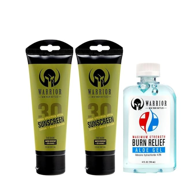 WARRIOR - WIN YOUR BATTLES- Sunscreen SPF 30 Lotion - Water & Sweat Resistant Body Lotion - 3 Oz 2 Pack | Burn Relief Gel for Skin Made in USA Aloe with Aloe Vera Gel - 4 Oz