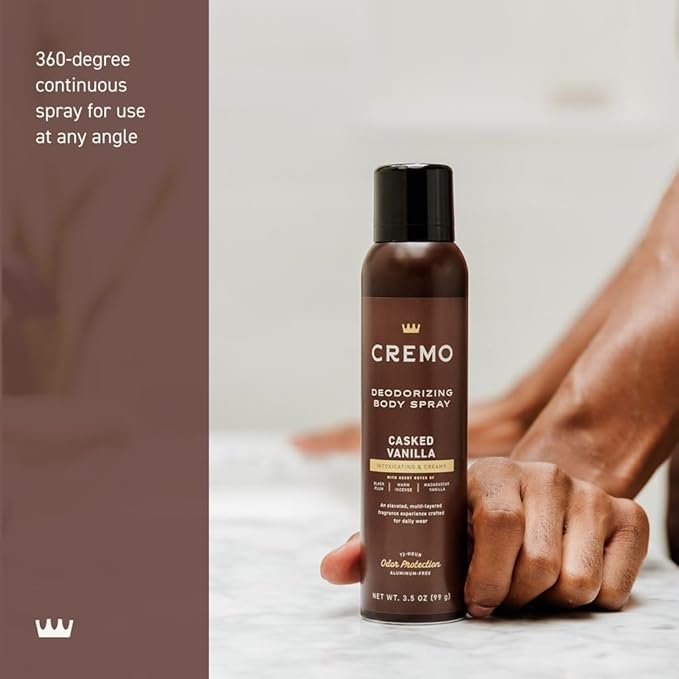 Cremo Casked Vanilla Body Spray, A Sophisticated Blend of Black Plum, Warm Incense, and Madagascar Vanilla, 3.5 Fl Oz