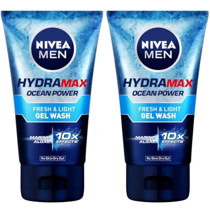 NIVEA Men Hydra Max Ocean Power Face Wash Gel 100ml | Deep Cleansing with Vitamin E & Menthol | Fights Oil, Unclogs Pores, Refreshes Skin | All Skin Types | Dermatologically Tested, Pack of 2