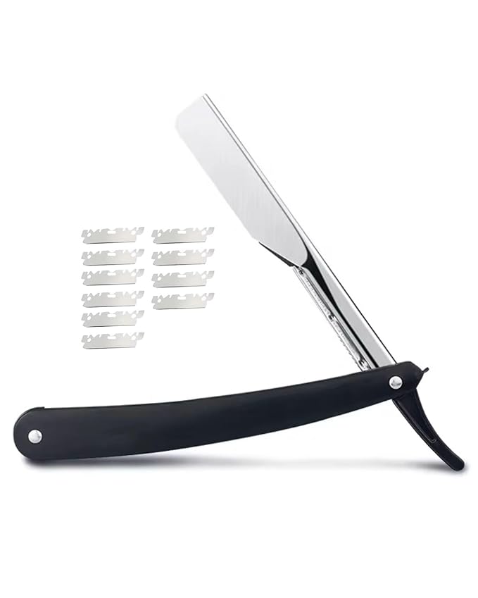 UM Supplies Straight Razors for Men – Professional Barber Straight Edge Razor Kit with 10 Replaceable Insert Single Edge Blades - Navajas Para Barbero (Black Slideout)