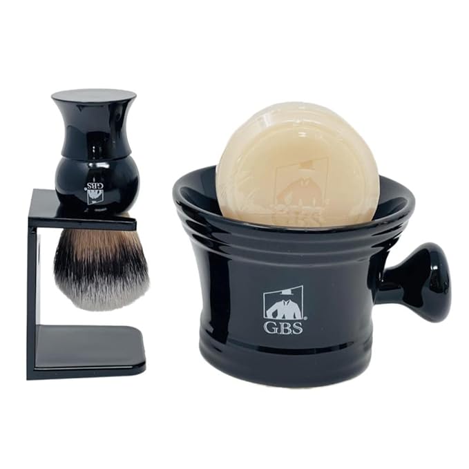 G.B.S GENTS Men’s Wet Shaving Kit - Complete 4-Piece Set with Heavy Duty Ceramic Bowl, Synthetic Shave Brush, Stand & Natural Shea Butter Lather Soap (Black)