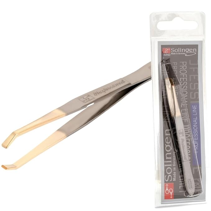 Solingen Tweezers for Eyebrows | Slanted Tip | Professional Stainless Steel |Slanted Tip Tweezers | Best Shaped for Eyebrows Extensions Chin Cheek Face Facial Hair | Made in Germany (Nickel-Gold)