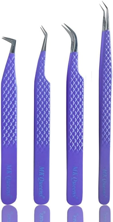 Lash Tweezers - Stainless Steel Fiber Tip Eyelash Tweezers (Set of 4) - Diamond Grip Professional Lash Tweezers for Eyelash Extensions (Purple)