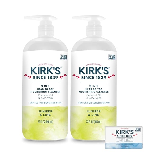 Kirk's 3-in-1 Head to Toe Nourishing Liquid Cleanser & Travel Size Bar Soap - for Men, Women & Children - Premium Coconut Oil and Aloe Vera- Non GMO & Vegan -Juniper & Lime - 32 Fl Oz. 2 pack