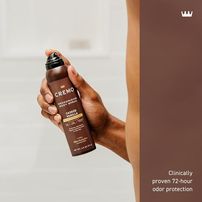 Cremo Casked Vanilla Body Spray, A Sophisticated Blend of Black Plum, Warm Incense, and Madagascar Vanilla, 3.5 Fl Oz