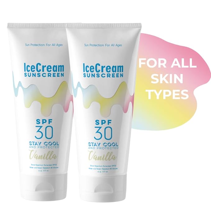 IceCream Sunscreen Broad Spectrum SPF 30 Lotion, Body & Face, Sunblock, Moisturizer, Water & Sweat-Resistant, Reef-Friendly & Cruelty-Free, 6oz (177ml) - Vanilla (Pack of 2)