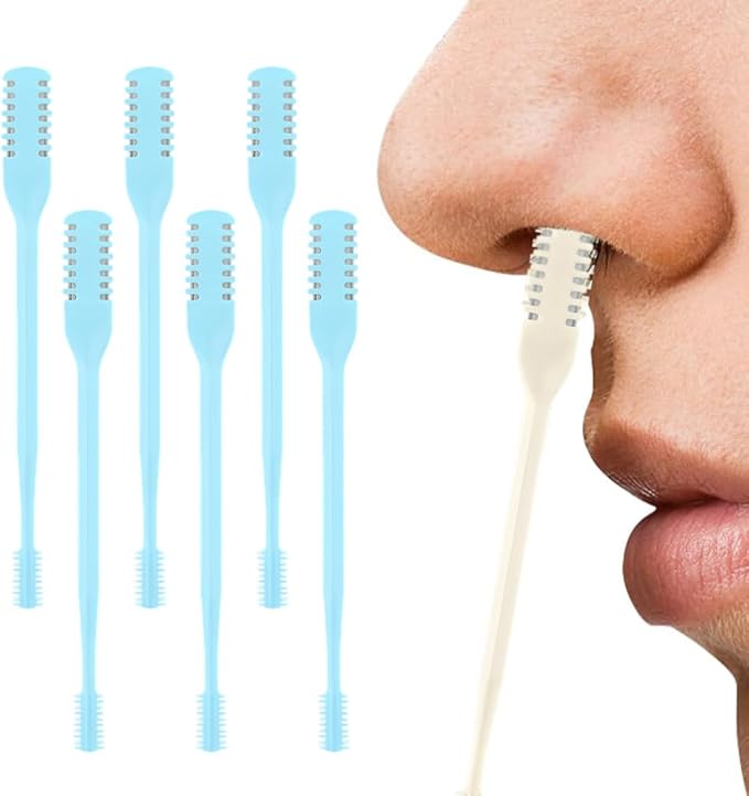 2-in-1 Nasal Hair Cutter, Nose Hair Trimmer for Men Women, 360° Rotating Portable Manual Nose Hair Remover Tool with Ear Picker, Double Sided Noses Hairs Knife Travel Essentials (Blue, 6PC)