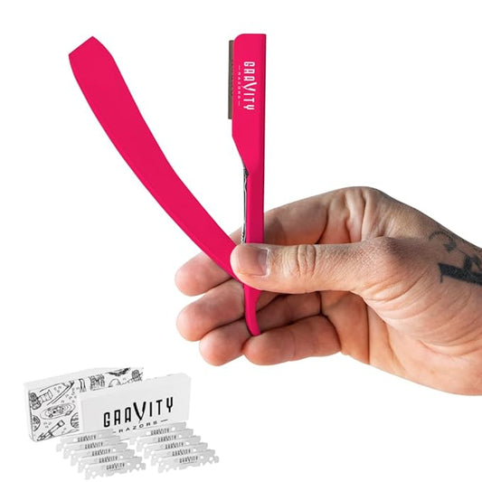 GRAVITY RAZORS Professional Straight Razor Kit – Ultra Exposure, Includes 10 Premium Blades, 2mm Exposed, Pink