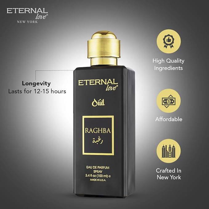 Eternal Love Raghba Oud - Long Lasting Unisex Eau de Parfum - Spicy Floral Oriental Fragrance with Oud & Vanilla - Dubai Inspired Arabic Scent - 3.4oz