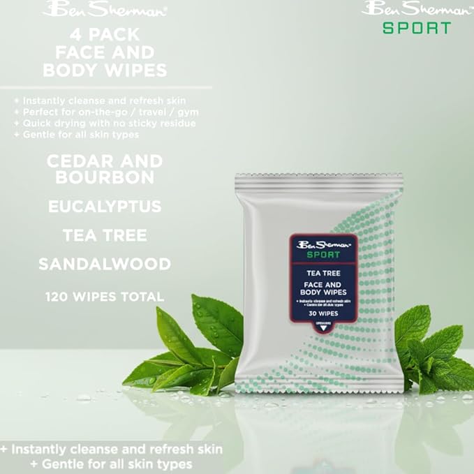 Ben Sherman Men's Face Wipes - 4 Pack (120 Total) Cleansing Wipes for Men with Cedar & Bourban, Eucalyptus, Tea Tree & Sandalwood