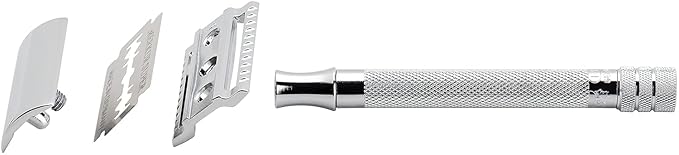 MERKUR 23C Double Edge Safety Razor - Polished Chrome, Long Knurled Brass Handle, Made in Germany, Plastic-Free, Three Piece Design, Closed Comb, Straight Bar