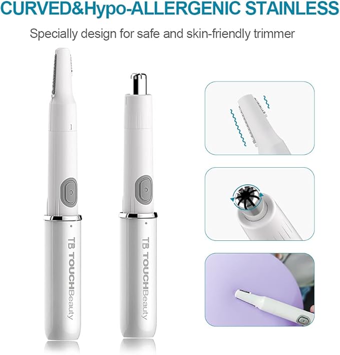 TOUCHBeauty Face Eyebrow Nose Ear Hair Trimmer, All-in-ONE Hair Remover for Women & Men, Dual Blades Shaver Battery Powered Upgraded Version TB-1458(White)