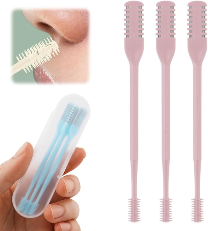 2-in-1 Nasal Hair Cutter, 2025 Upgrade 360° Rotating Nose Hair Trimmer with Double-Sided Blade & Ear Pick, Manual Nostril Hair Removal Tool for Men and Women, Soft Cleaning Brush (Pink, 3PCS)