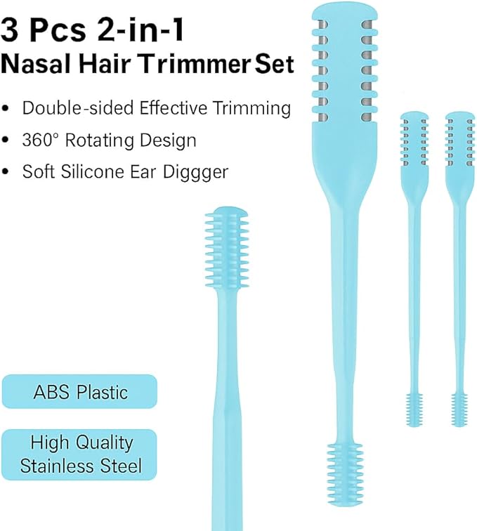 3 Pcs 2-in-1 Nasal Hair Trimmer Set, 360° Rotating Double-Sided Nose & Ear Hair Cutter for Men & Women, Portable Nostril Grooming Tool with Soft Cleaning Brush(Blue)