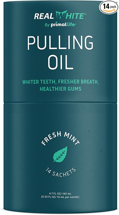 Primal Life Organics – Real White Pulling Oil, Teeth Whitening Mouthwash with Essential Oils, Coconut, Tea Tree, Key Vitamins, Chemical Free, Fluoride Free, 14 Sachets (Fresh Mint, 0.33 oz.)