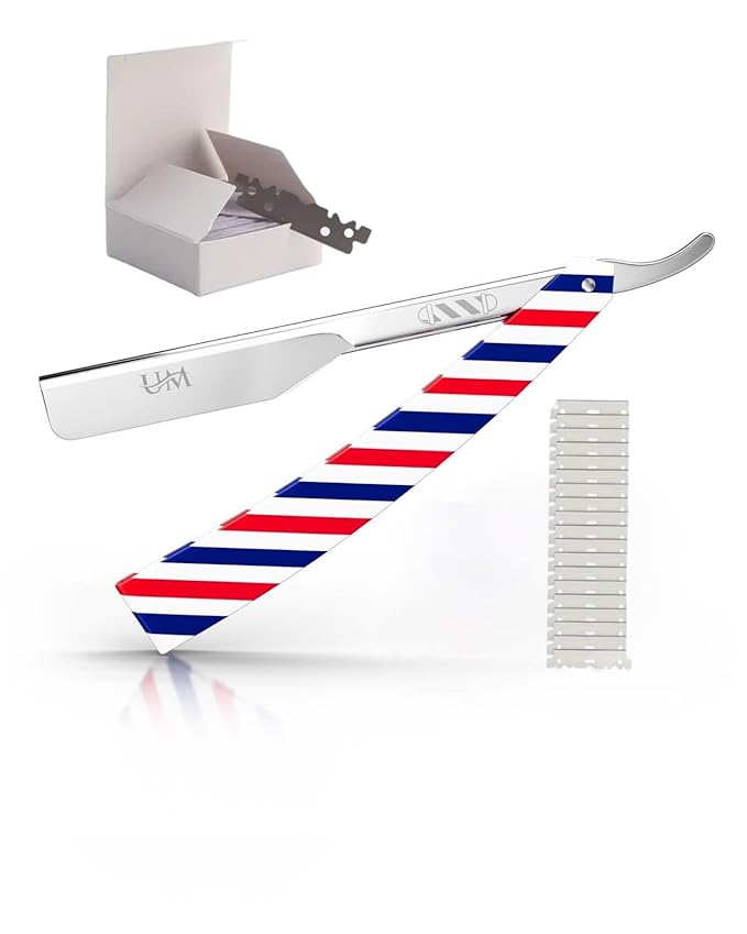 UM Supplies Straight Razors for Men – Professional Barber Straight Edge Razor Kit with 10 Replaceable Insert Single Edge Blades - Navajas Para Barbero Barber Pole Design (Red, White, Blue)