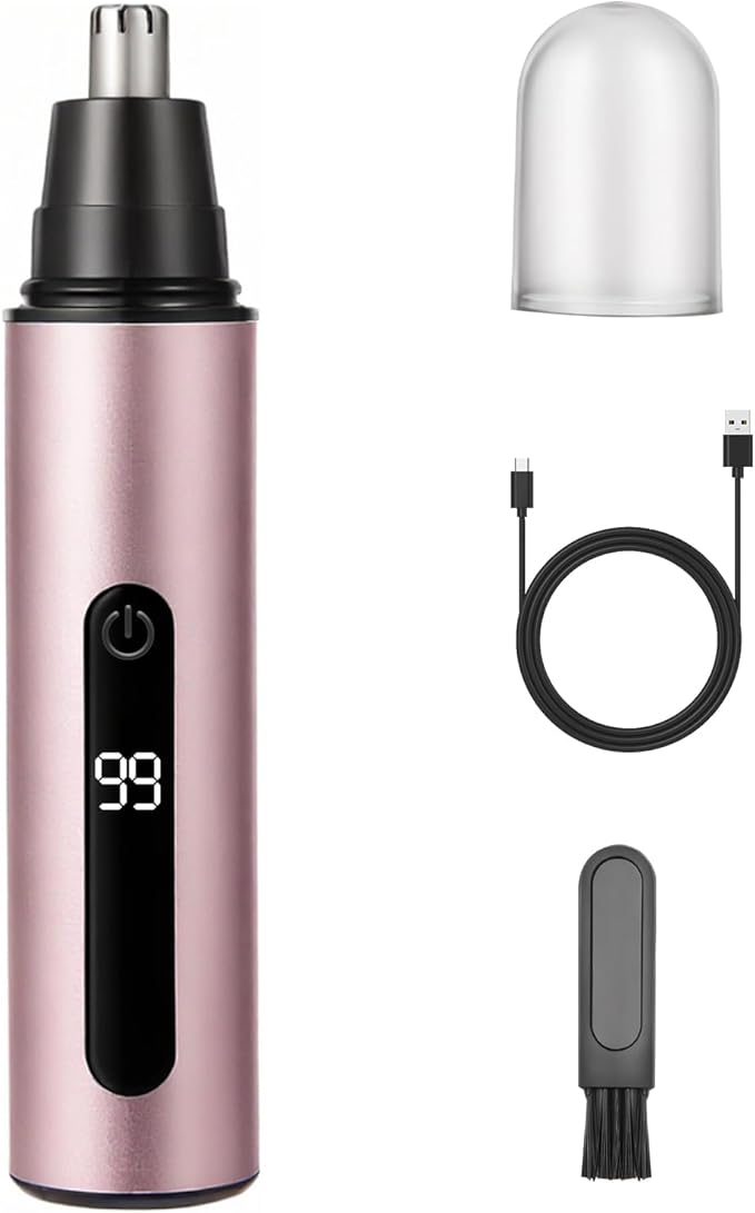 SYAWS Nose Hair Trimmer for Men and Women,USB Rechargeable Eyebrow & Facial Hair Remover with LED Display,Aluminum Alloy Shell with IPX7 Waterproof,Dual Edge Blades for Easy Cleaning (Pink Gold)