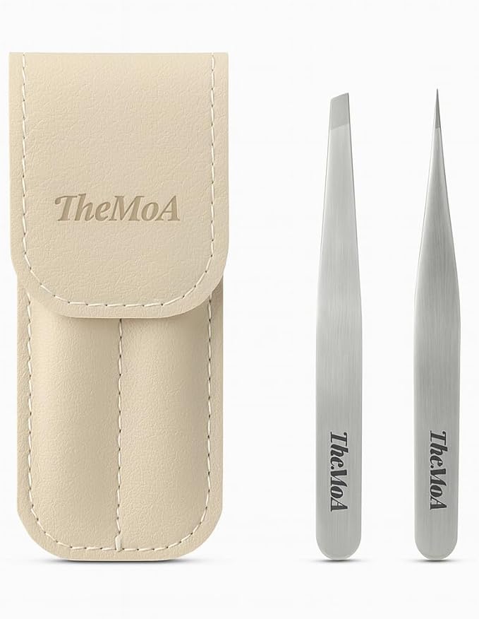 THEMOA Precision Tweezers Set – Stainless Steel Pointed & Slant Tip Tweezers for Eyebrow, Facial Hair, Ingrown Hair, Professional Beauty Tool with Case