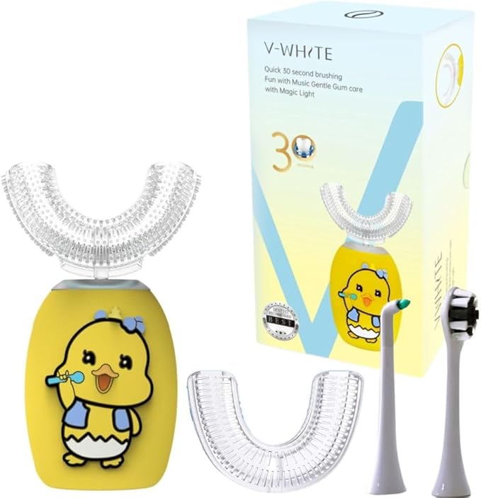 V-WHITE Ultrasonic U-Shaped Toothbrush For Teeth Whitening, Electric Toothbrush - 360° Mouth Cleansing, Hands Free Gums Protection - Wireless Charging - Waterproof IPX7 Certified (YELLOW - KIDS, KIDS)