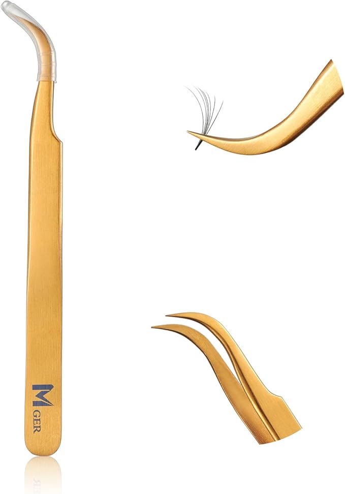 MGER Lash Tweezers for Eyelash Extension-Professional Lashing Tweezers for Mega Volume Mink Eyelashes Extensions Applying, Gold tweezers