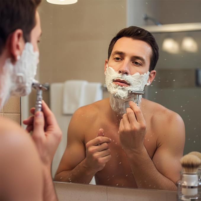 6-speed adjustable dual-blade safety razor with 10 platinum-coated stainless steel blades. Includes optional stand. Comes with complimentary travel pouch. (Silver + base + holster)