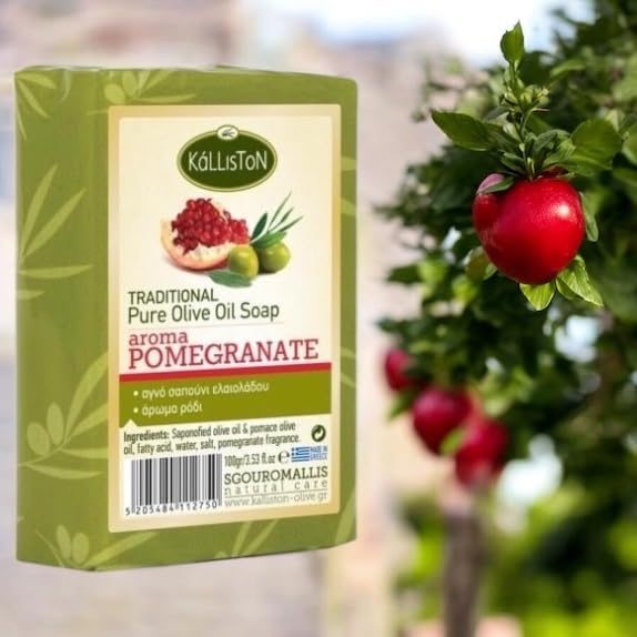 Kalliston, Pomegranate olive soap bar with volcanic Pumice Stone, hypoallergenic, moisturising, all-natural soap from Greece, Pack of 4