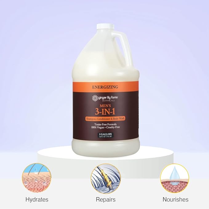 Ginger Lily Farms Botanicals Men's 3-in-1 Shampoo, Conditioner & Body Wash, 100% Vegan & Cruelty-Free, Energizing Scent, 1 Gallon (128 fl oz) Refill