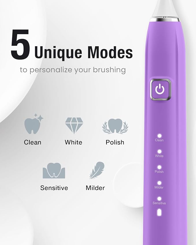 7AM2M Ultrasonic Electric Toothbrush with 6 Brush Heads for Adults&Kids, Type C Rehargeable, One Charge for 120 Days, 5 Modes&40000VPM Powered Toothbrush, 2 Minutes Built in Smart Timer (Purple)