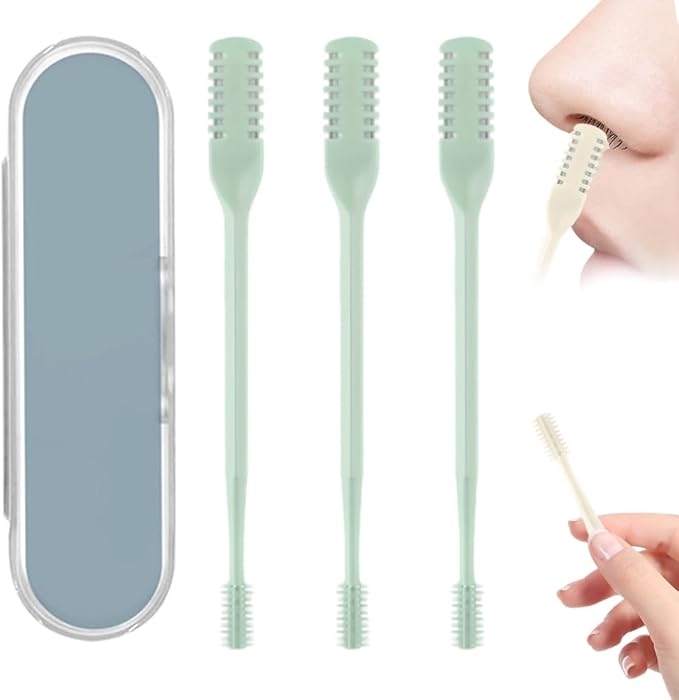 2-in-1 Nasal Hair Cutter, Nose Hair Trimmer for Men Women, 360° Rotating Portable Manual Nose Hair Remover Tool with Ear Picker, Double Sided Noses Hairs Knife Travel Essentials (Green, 3PC)