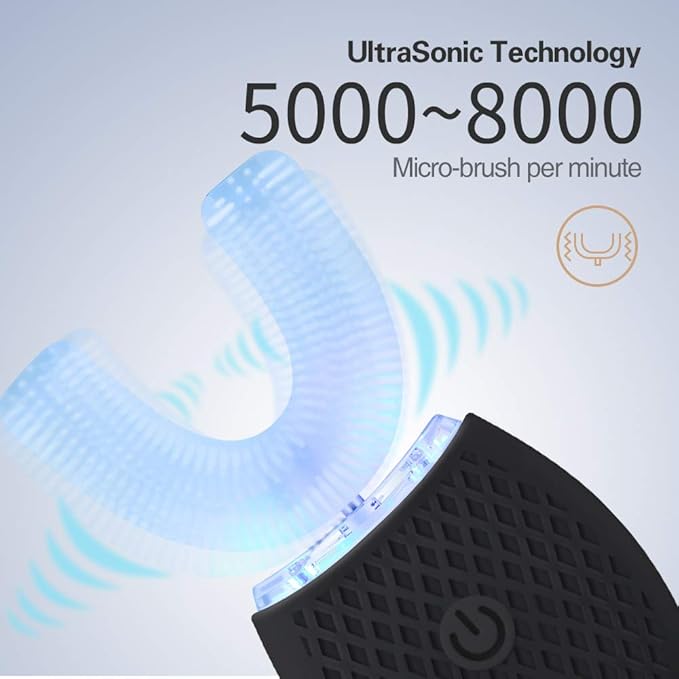 Ultrasonic Automatic Toothbrush, Ultrasonic U-Shaped Toothbrushes for Adult, 360° Mouth Cleaning, Electric ToothBrush with Automatic Timer, Wireless Charging Teethbrush Kit for Travel Or Home (Black)