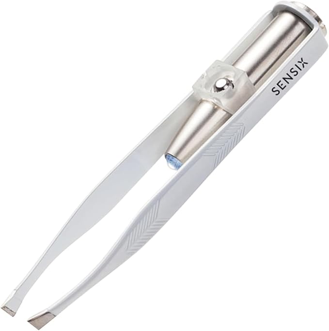Sensica Lighted Tweezers for Women Facial Hair – LED Light Up Tweezers for Precision Eyebrow Plucking – Slant Tip Stainless Steel Tweezer with Long Arms & 3 Extra Batteries – Facial Hair Removal Tool